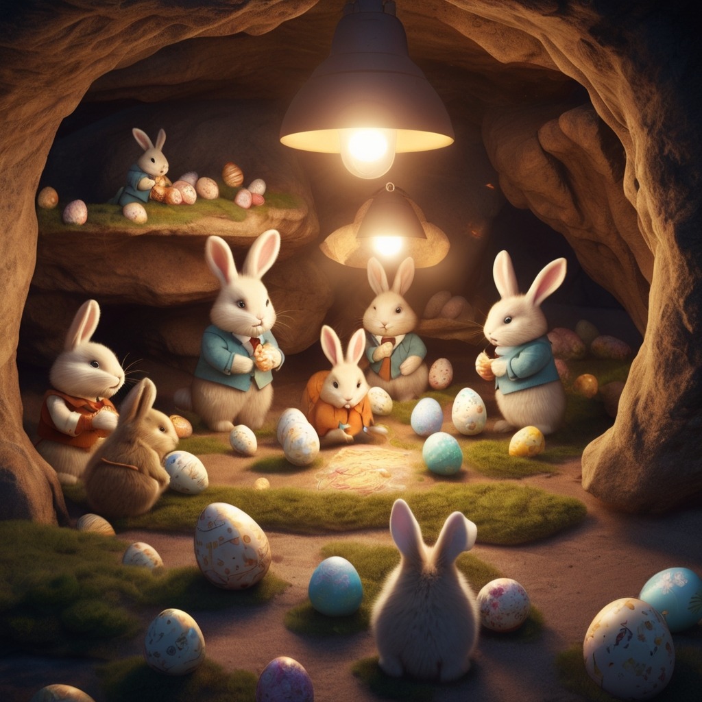 The Great Easter Bunny Rescue | Easter Stories 2 A cozy bunny burrow underground with tiny bunnies in suits gathered around a glowing map of Easter egg deliveries.