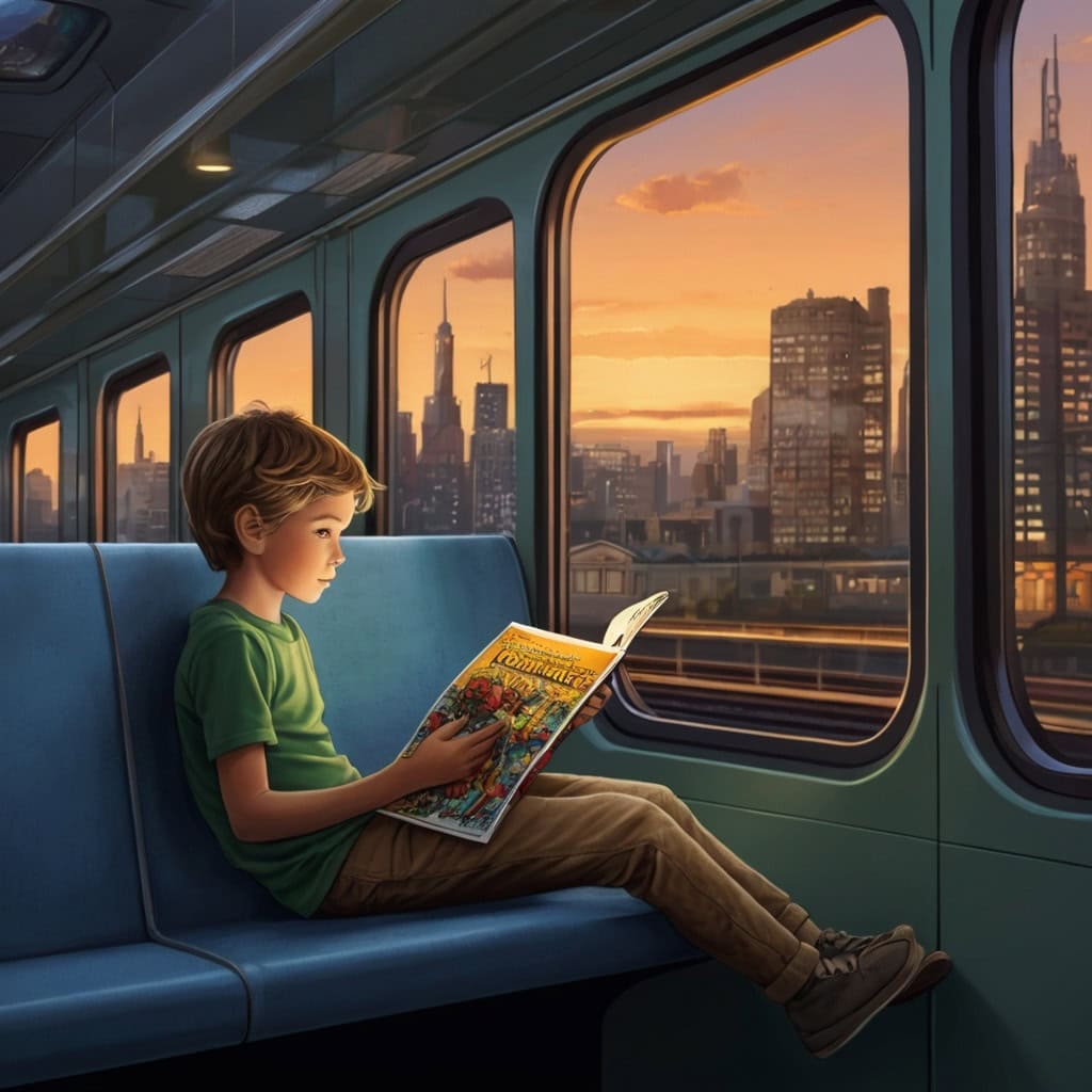 Milo and the Midnight Metro Adventure | City Stories 1 A curious 8-year-old boy reading a comic book on a modern city metro train at dusk, window seat, city lights outside.