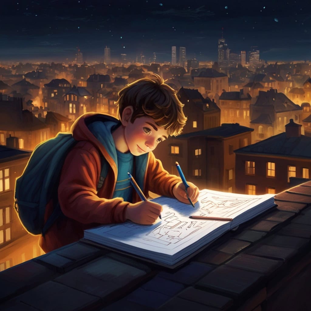 Milo and the Sky Painter | Imagination Stories 1 A curious boy on a rooftop at night, sketching with glowing imaginary colors in a notebook.