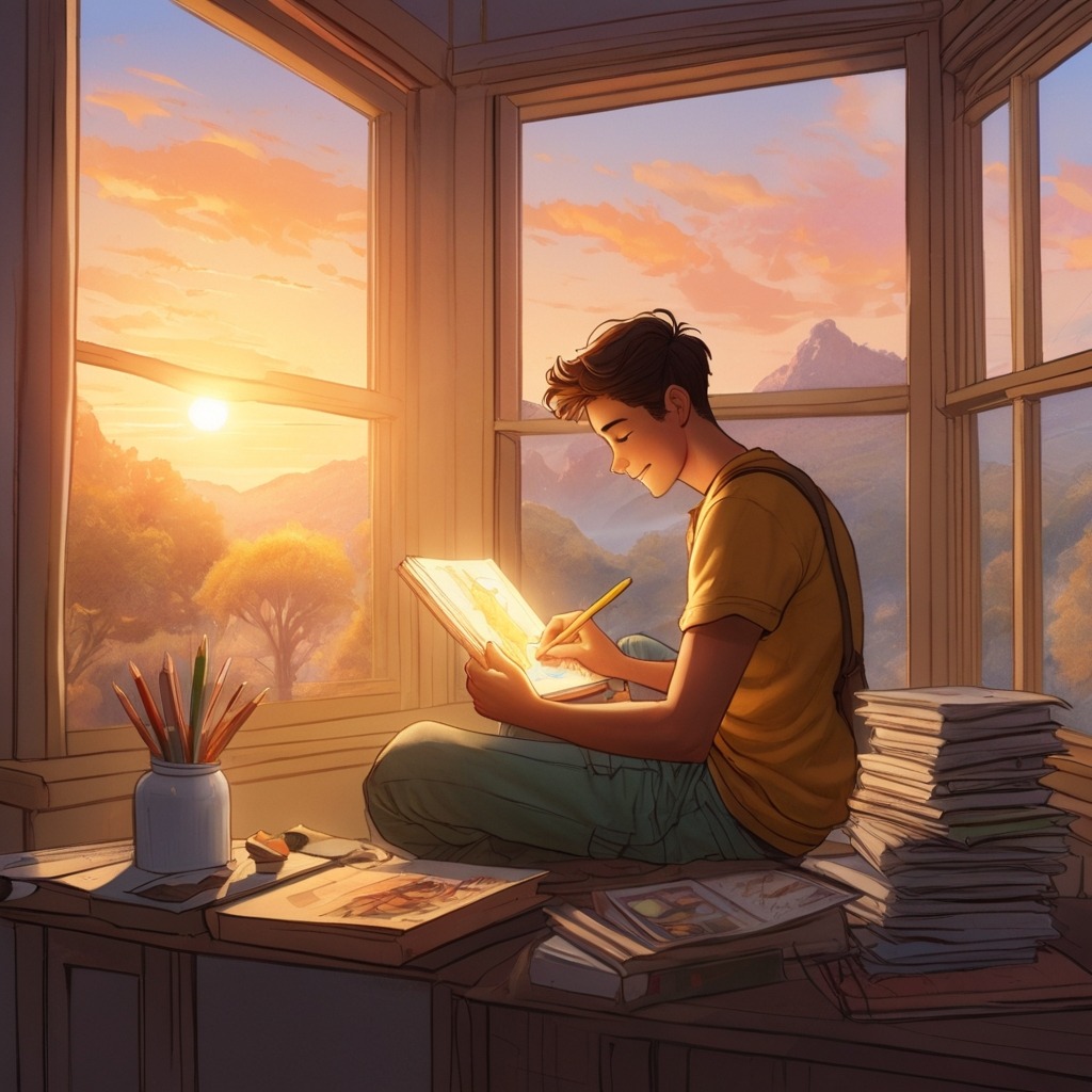 Milo and the Sky Painter | Imagination Stories 4 A dreamy sunrise with never-before-seen colors as Milo smiles at his sketchbook near a glowing window.