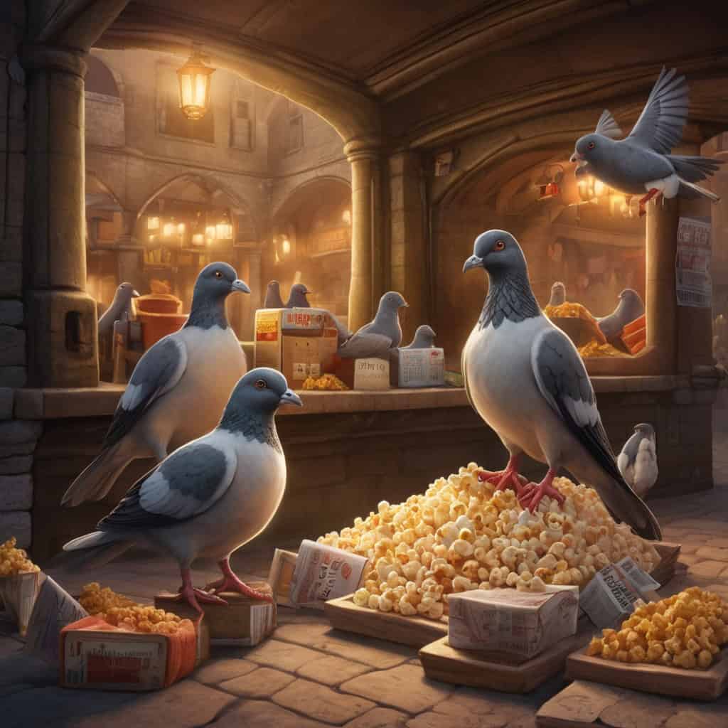 Milo and the Midnight Metro Adventure | City Stories 4 A flock of pigeons running a tiny market stall, selling popcorn and mini newspapers, inside an enchanted underground city setting.