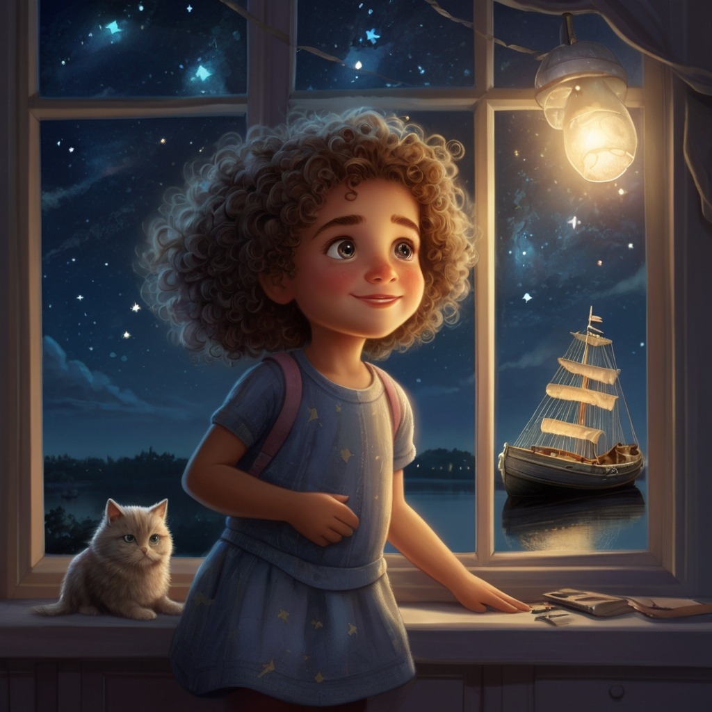 Luna and the Star Boat | Bedtime Stories 1 A little girl with curly hair leaning on her windowsill, looking up at a glowing silver boat floating outside her bedroom under a starry night.