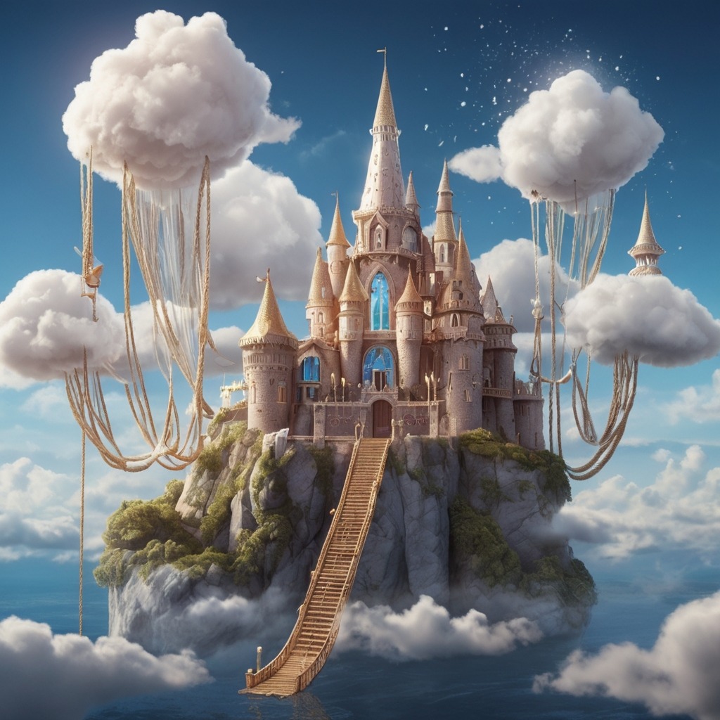 Luna and the Cloud Castle | Imagination stories 2 A magical floating cloud castle with sparkly towers, a rope ladder descending from the sky toward the ground.