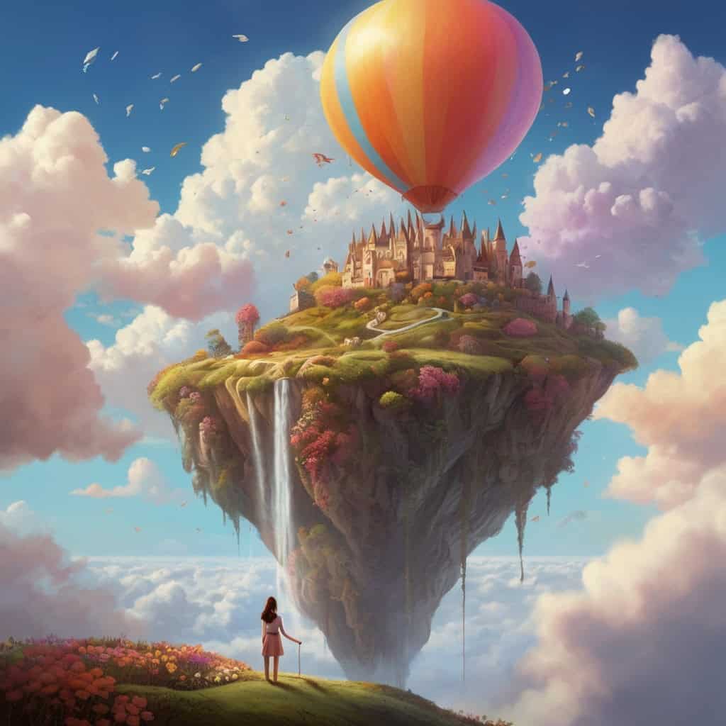 Luna and the Cloud Painter’s Secret | Imagination Stories 2 A magical floating island in the sky made of soft clouds, with a gentle woman (Mistelle) holding a giant paintbrush surrounded by color buckets.