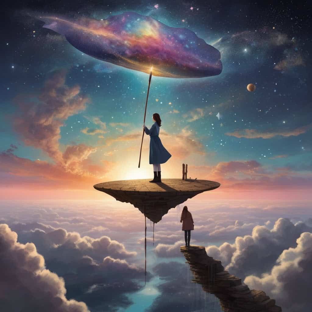 Milo and the Sky Painter | Imagination Stories 2 A magical floating platform in the sky with a woman in a stardust coat holding a giant paintbrush.