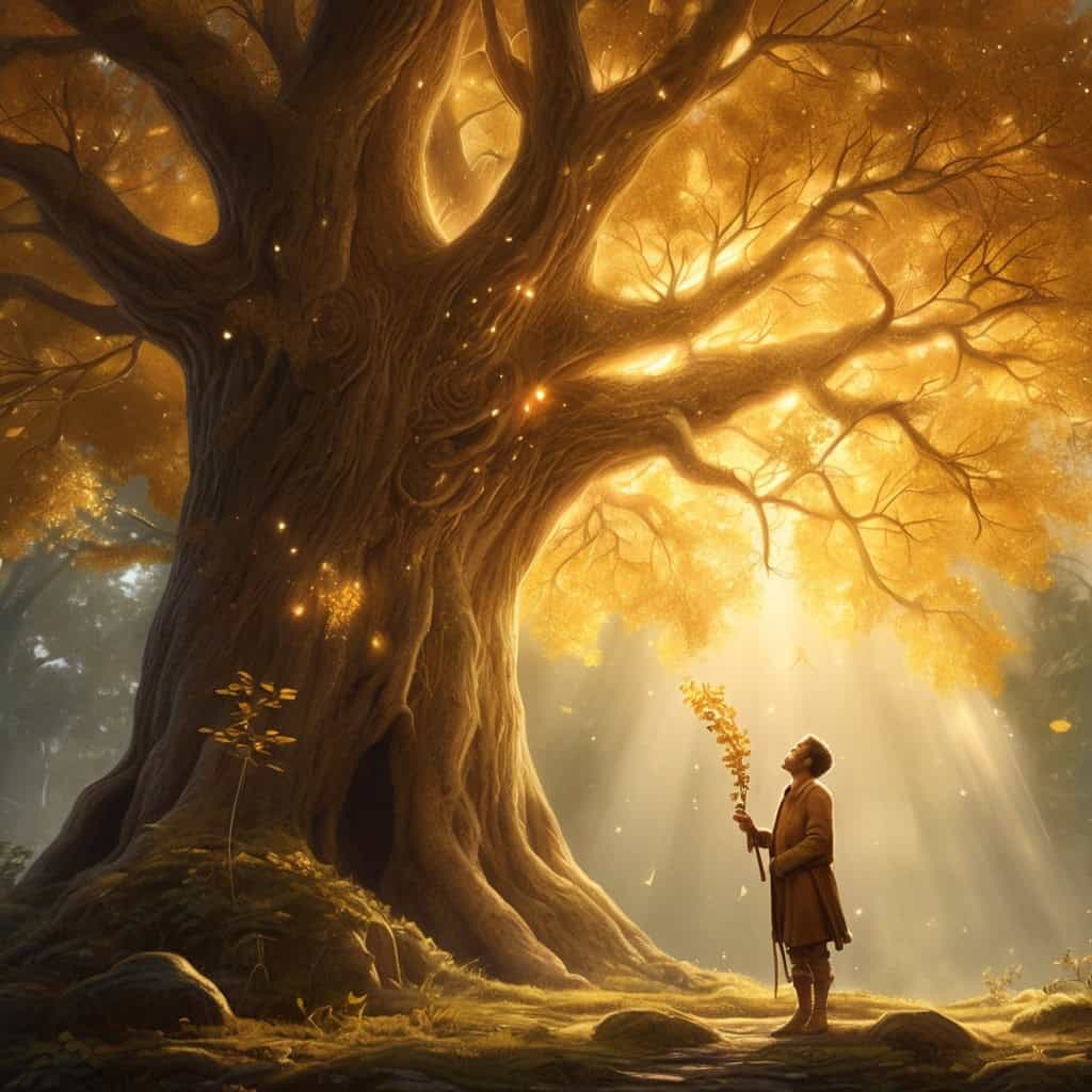 The Talking Tree and the Greedy Woodcutter | Moral Stories 2 A magical, tall golden tree with sparkling leaves and a gentle face, speaking to the surprised woodcutter under a sunbeam.