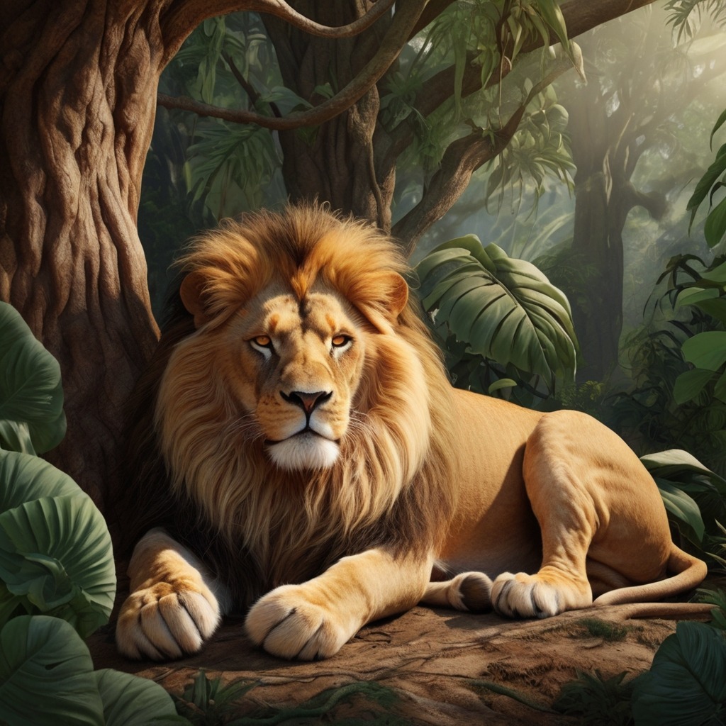 The Lion and the Clever Mouse | Moral Stories 1 A mighty lion sleeping under a jungle tree with a tiny mouse tiptoeing on his paw.