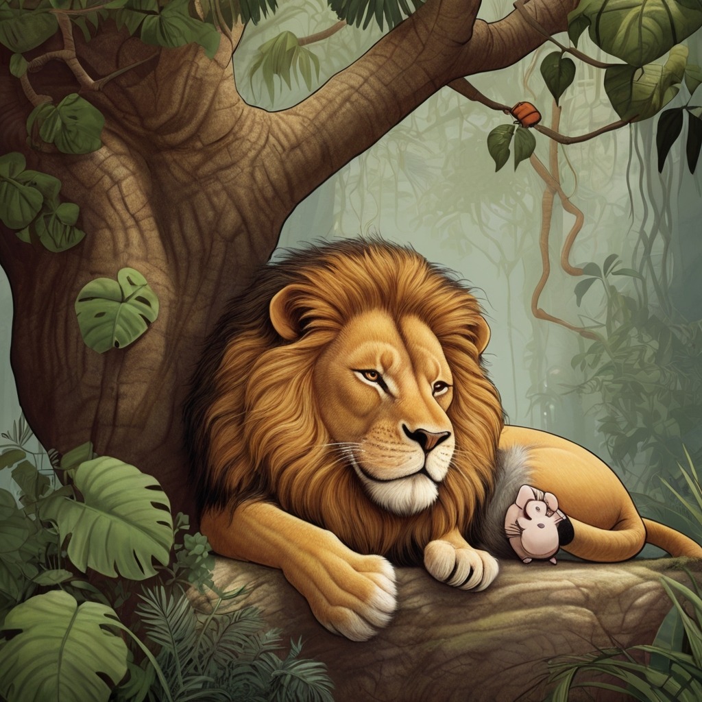 The Lion and the Clever Mouse | Moral Stories 3 The lion trapped in a hanging net in the jungle, struggling and looking worried.