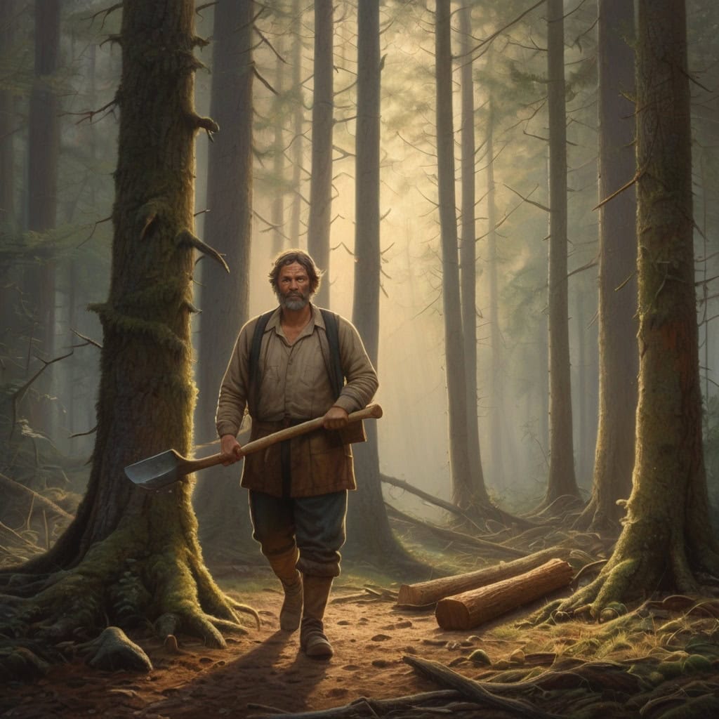 The Talking Tree and the Greedy Woodcutter | Moral Stories 1 A quiet forest scene with a poor but determined woodcutter holding an axe, walking through tall trees in the early morning light.
