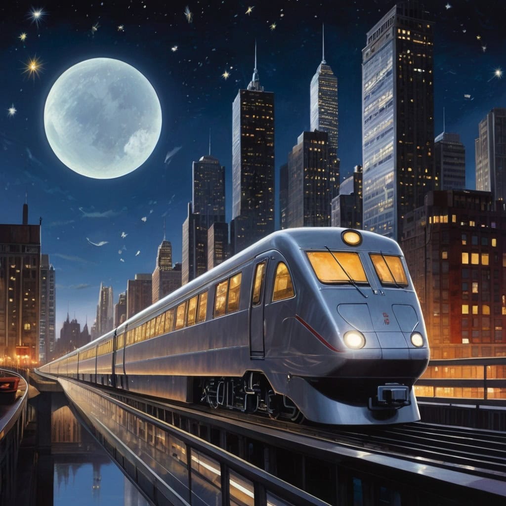 Max and the Midnight Metro Adventure | City Stories 2 A silver, moonlit train racing through a cityscape where bridges dance, traffic lights blink to music, and skyscrapers sparkle with neon stars.
