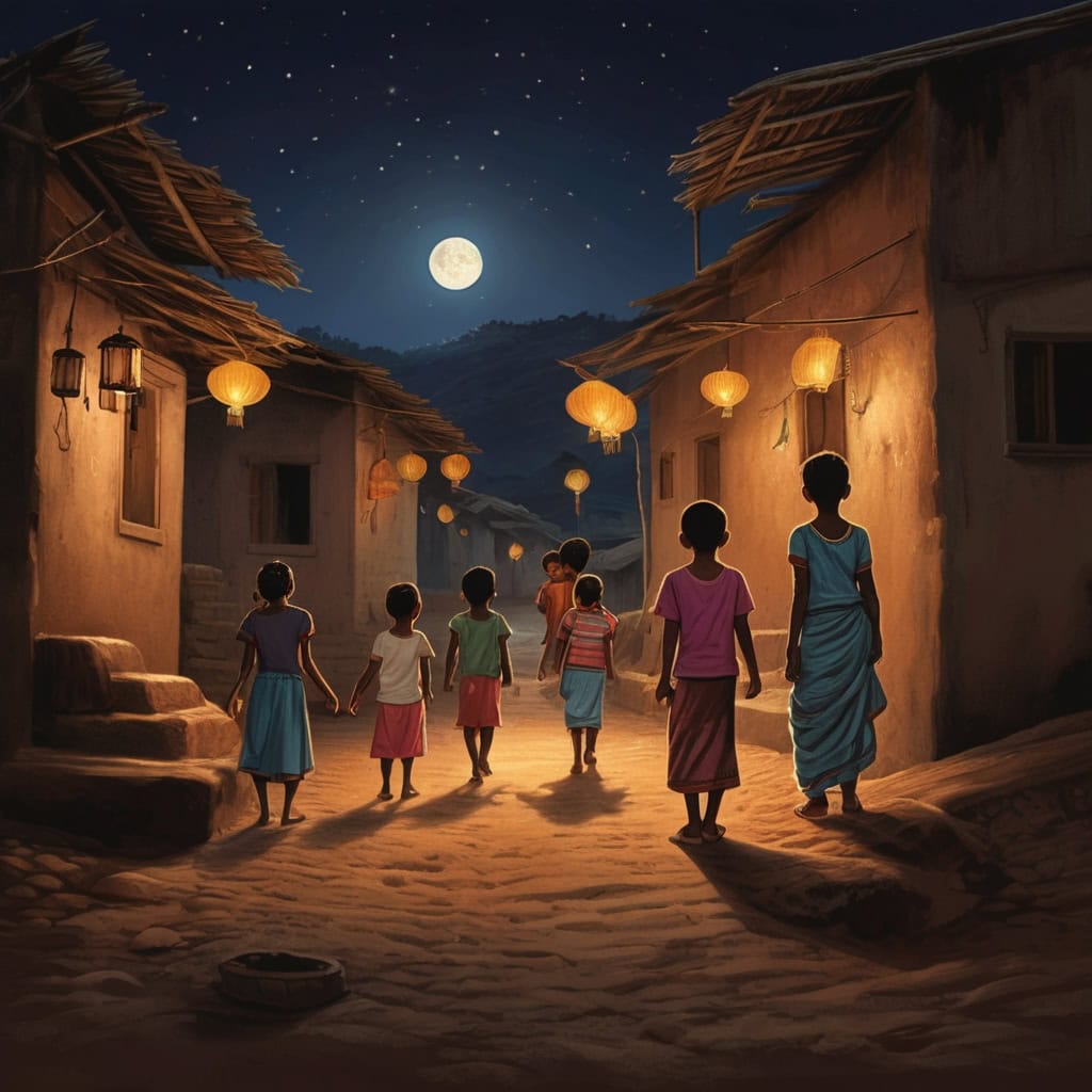 Kavi and the Missing Moonlight | Village Story 1 A small Indian village at night with traditional mud houses, children looking up at a sky missing the moon, soft lanterns lighting narrow dirt paths.