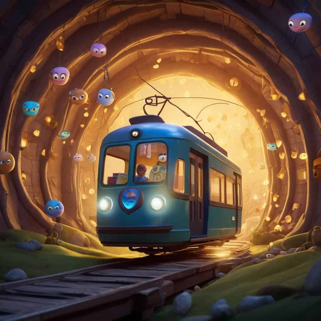Milo and the Midnight Metro Adventure | City Stories 3 A tiny smiling tram with cartoon eyes and a mouth, riding through glowing tunnels with floating books and musical instruments around.