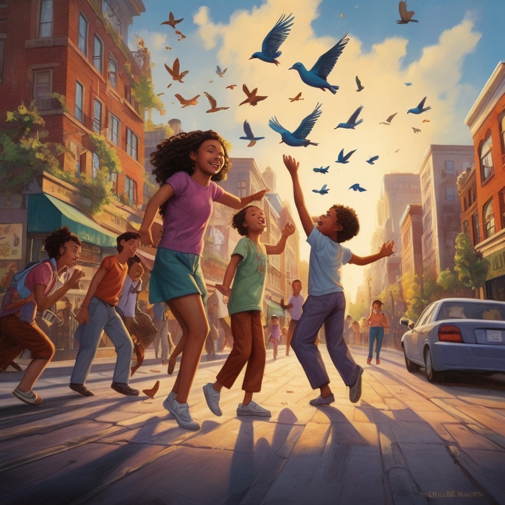 Lila and the Lost Sound of the City | City Stories 4 A vibrant cityscape filled with joyful noise, people dancing, traffic moving, and birds chirping as Lila smiles.