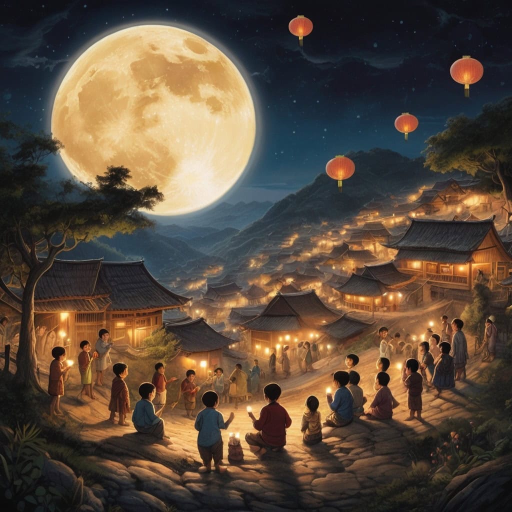Kavi and the Missing Moonlight | Village Story 4 A village hilltop scene where villagers (children and elders) sing under the full moon with lanterns, flutes, and bells, as moonlight shines over the entire village.