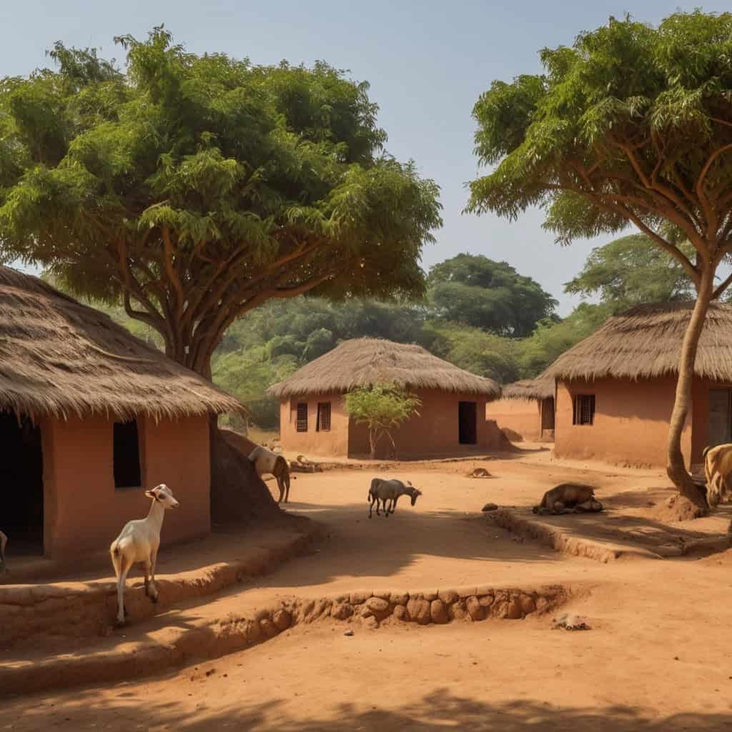 The Secret of Grandpa Hari’s Mango Tree | Village Stories 1 A wide view of a peaceful Indian village with clay homes, goats roaming, and a large mango tree in Grandpa Hari’s backyard.
