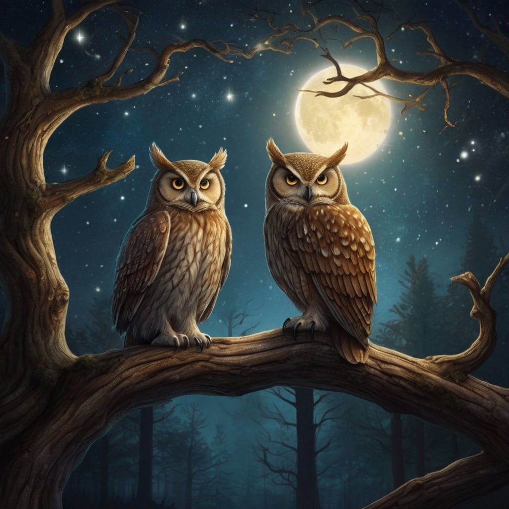 Kavi and the Missing Moonlight | Village Story 3 A wise old owl sitting on a twisted tree branch under the stars, speaking to the girl and buffalo in a softly glowing forest clearing.
