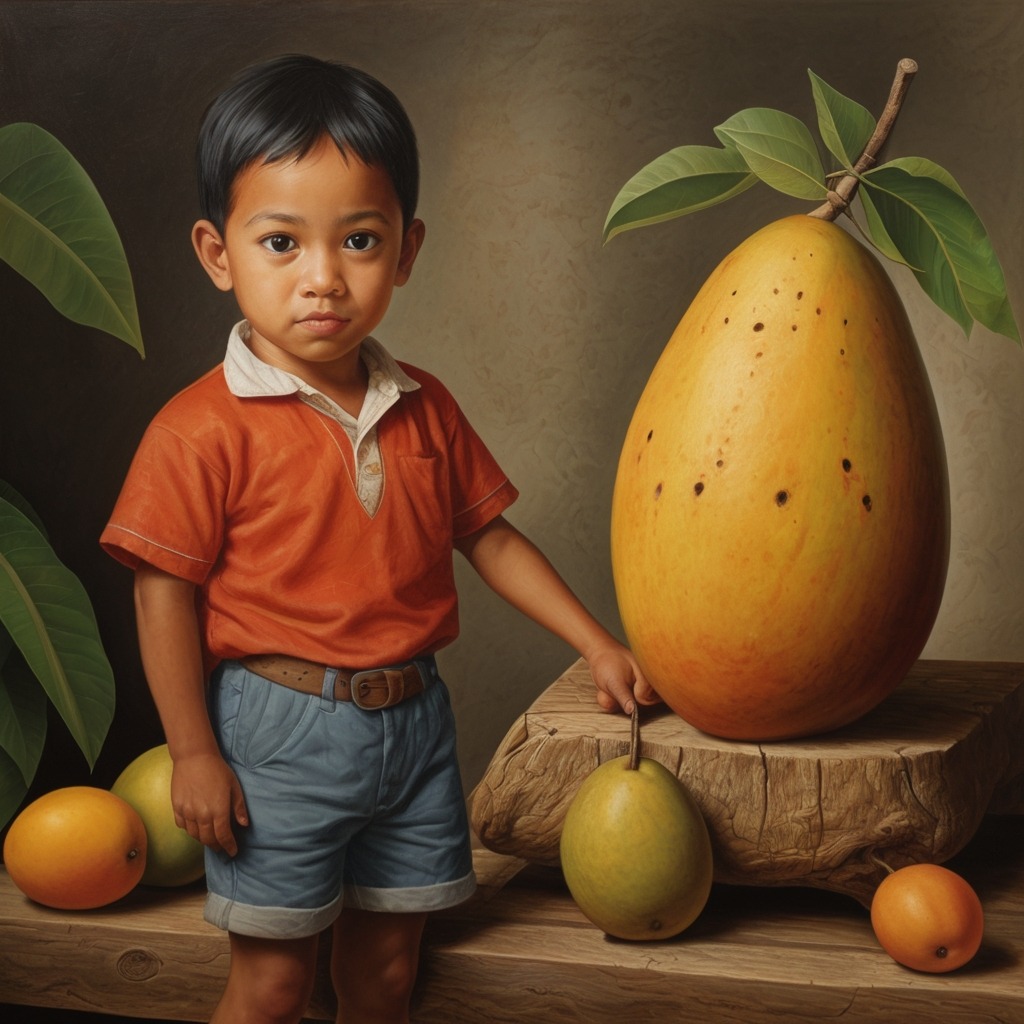The Honest Mango Seller | Moral Stories 1 A young boy standing behind a wooden mango cart in a colorful village market, nervously greeting his first customer.