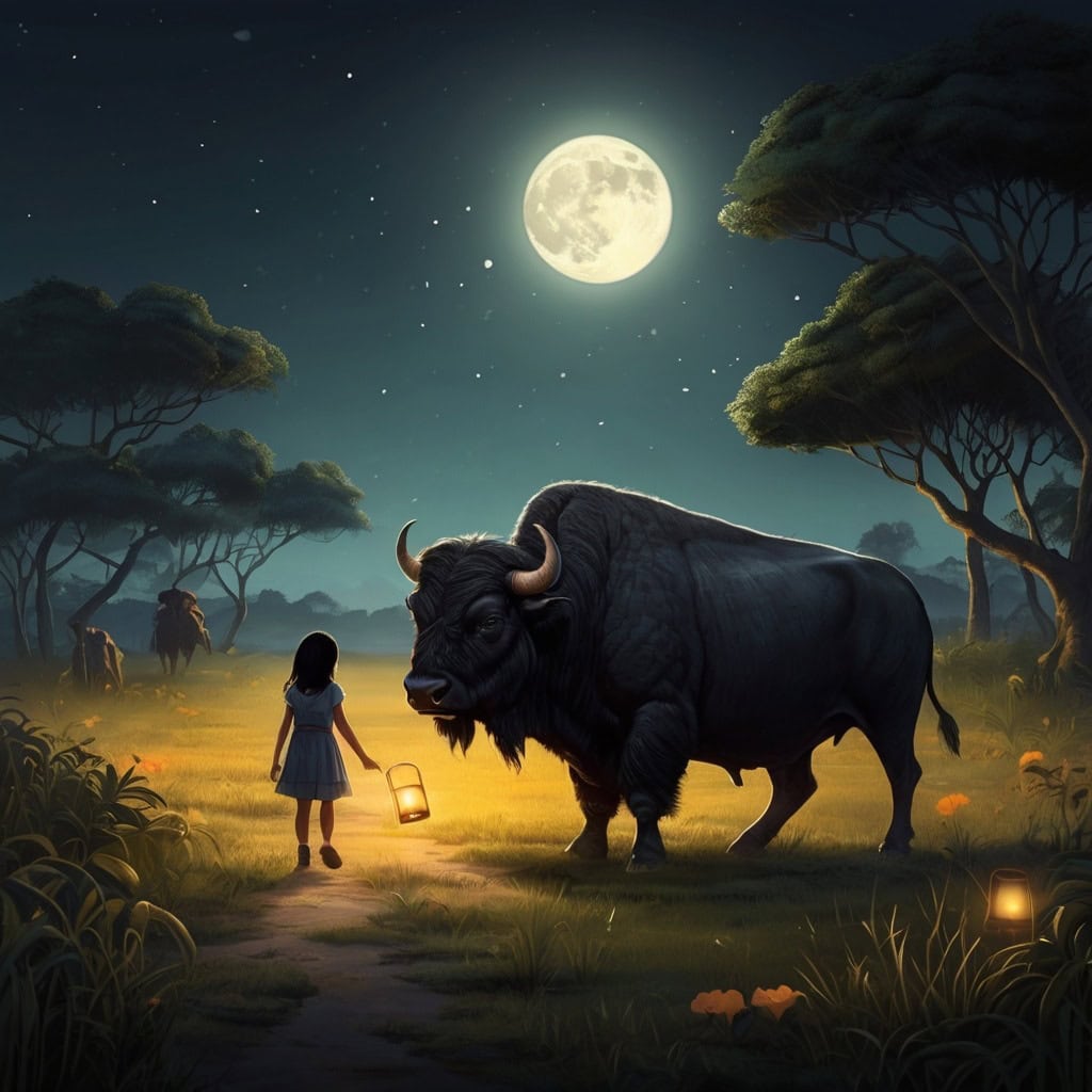 Kavi and the Missing Moonlight | Village Story 2 A young girl (around 9 years old) holding a glowing lantern, walking through a moonlit field with a large black buffalo beside her, heading toward a mysterious mango grove.