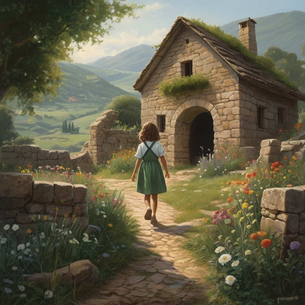 The Whispering Well of Willowbrook | Village Stories 1 A young girl in a green village skipping past an old stone well surrounded by flowers and silence.