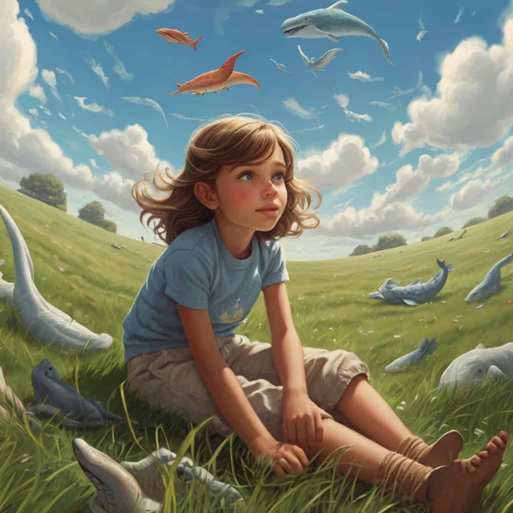 Luna and the Cloud Painter’s Secret | Imagination Stories 1 A young girl lying on the grass during the day, gazing up at the sky with dreamy eyes, clouds forming shapes like dragons and whales.