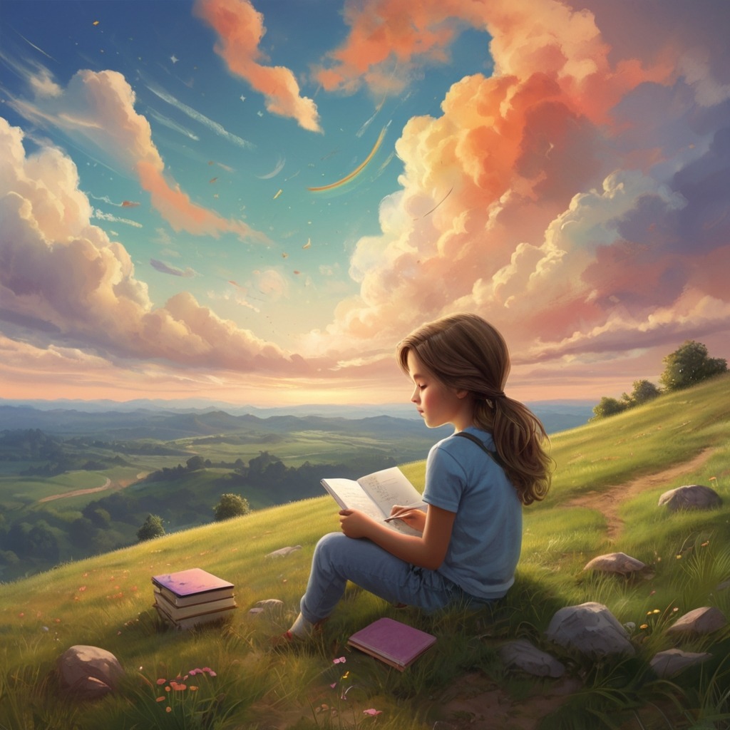 Luna and the Cloud Castle | Imagination stories 1 A young girl sitting on a grassy hill under a dreamy sky, sketching clouds with colorful shapes in her notebook.