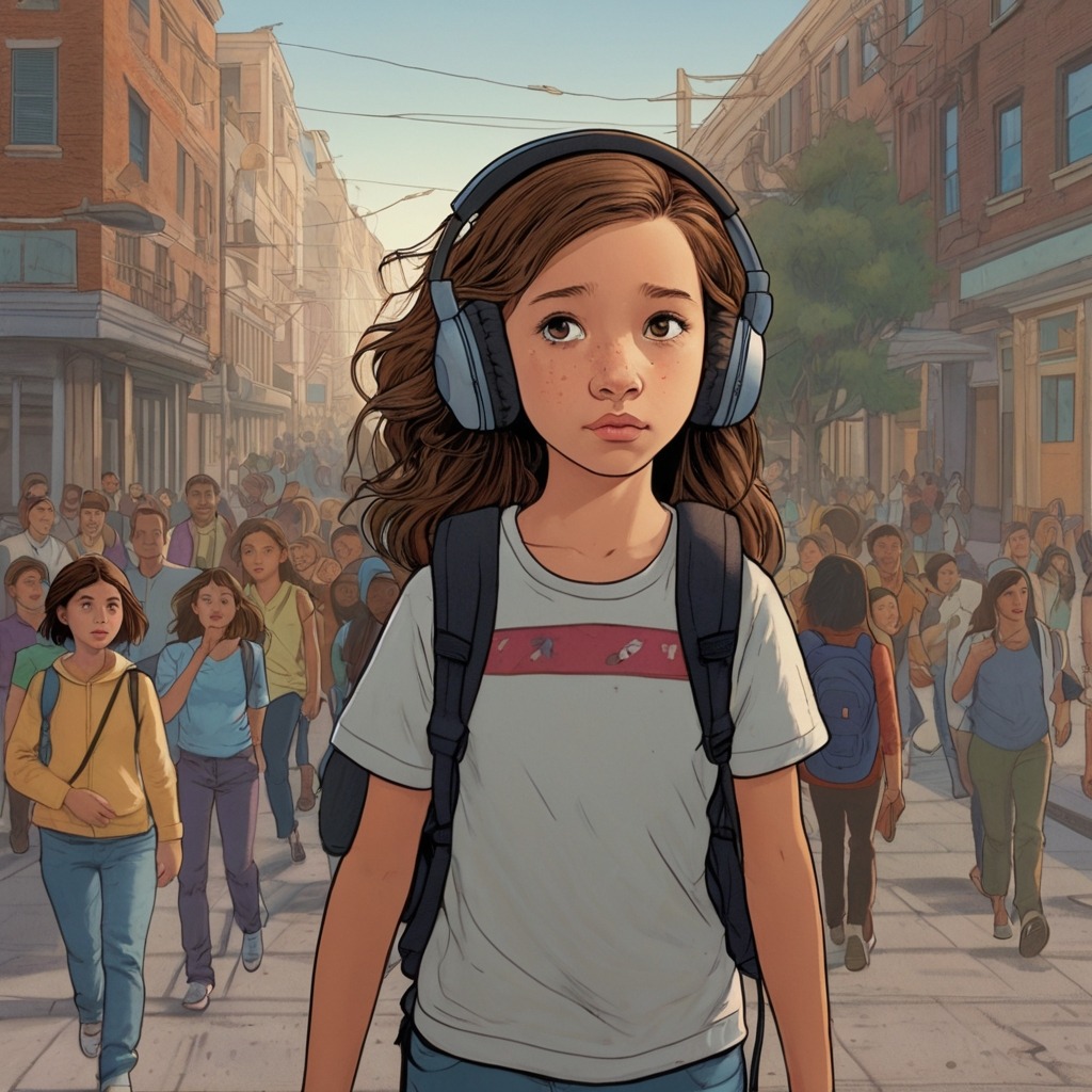 Lila and the Lost Sound of the City | City Stories 1 A young girl with headphones and a backpack walking through a silent city with confused people around her.