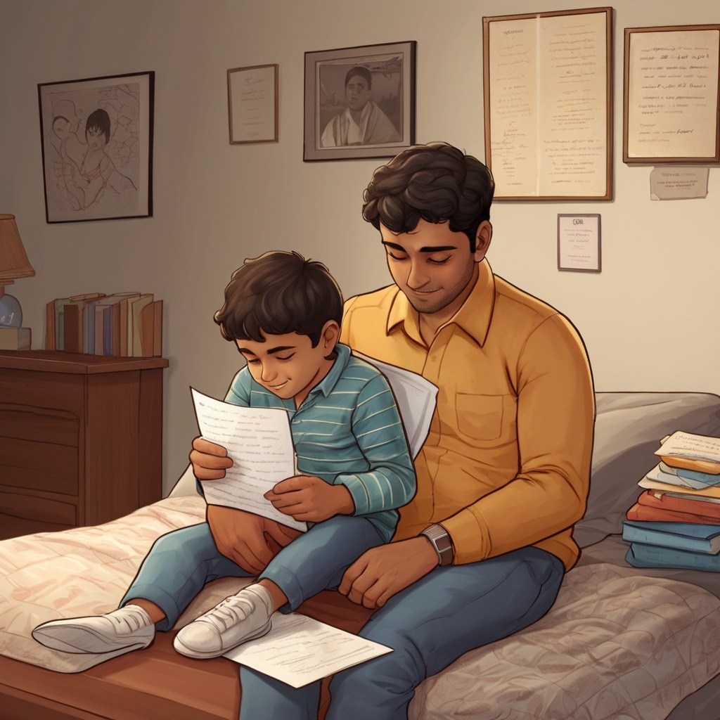 The Honest Mango Seller | Moral Stories 2 Aarav hugging his sick father at home, with a scholarship letter in hand and pride in both their eyes.