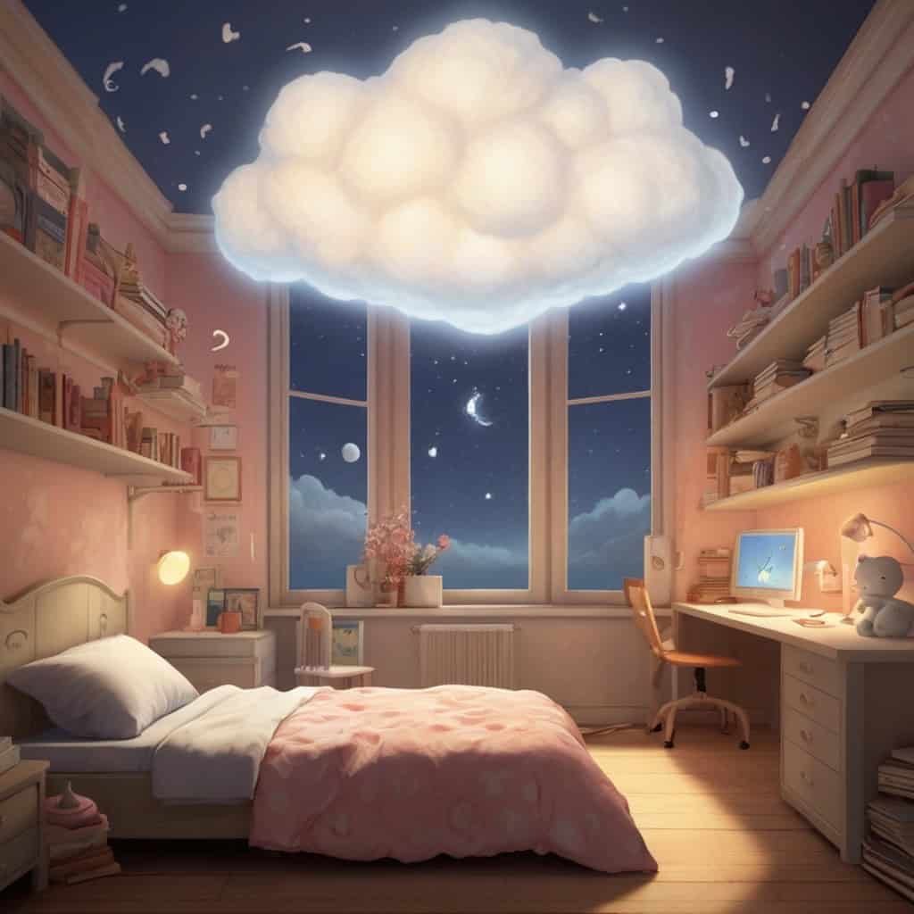 Luna and the Cloud Painter’s Secret | Imagination Stories 4 Back in Luna’s bedroom, a soft cloud-shaped pattern glowing on her ceiling as she draws in a notebook labeled “Cloud Journal.”