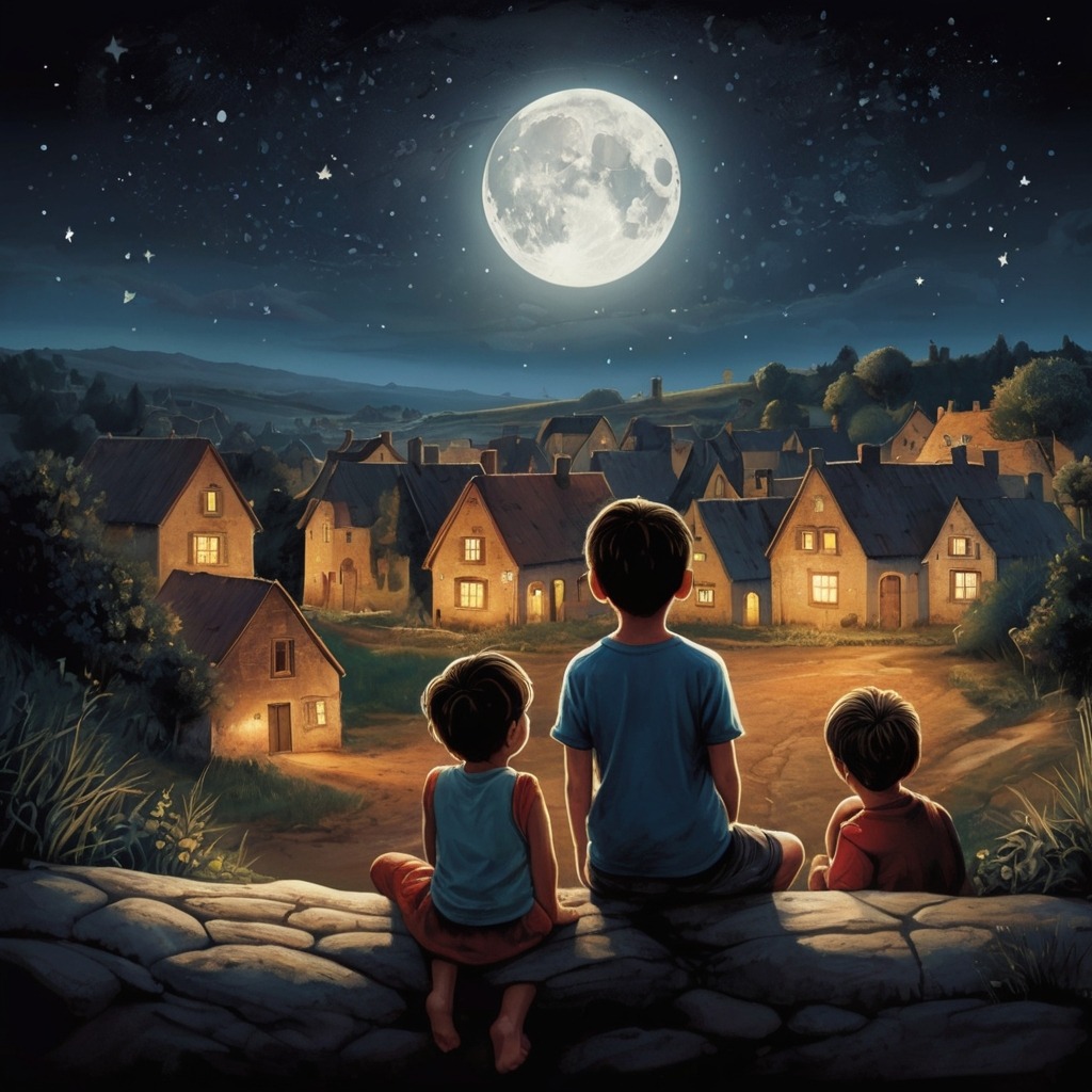 The Moon Who Wanted to Sleep | Bedtime Stories 2 Children in a quiet village looking out their windows at a night sky without the moon.