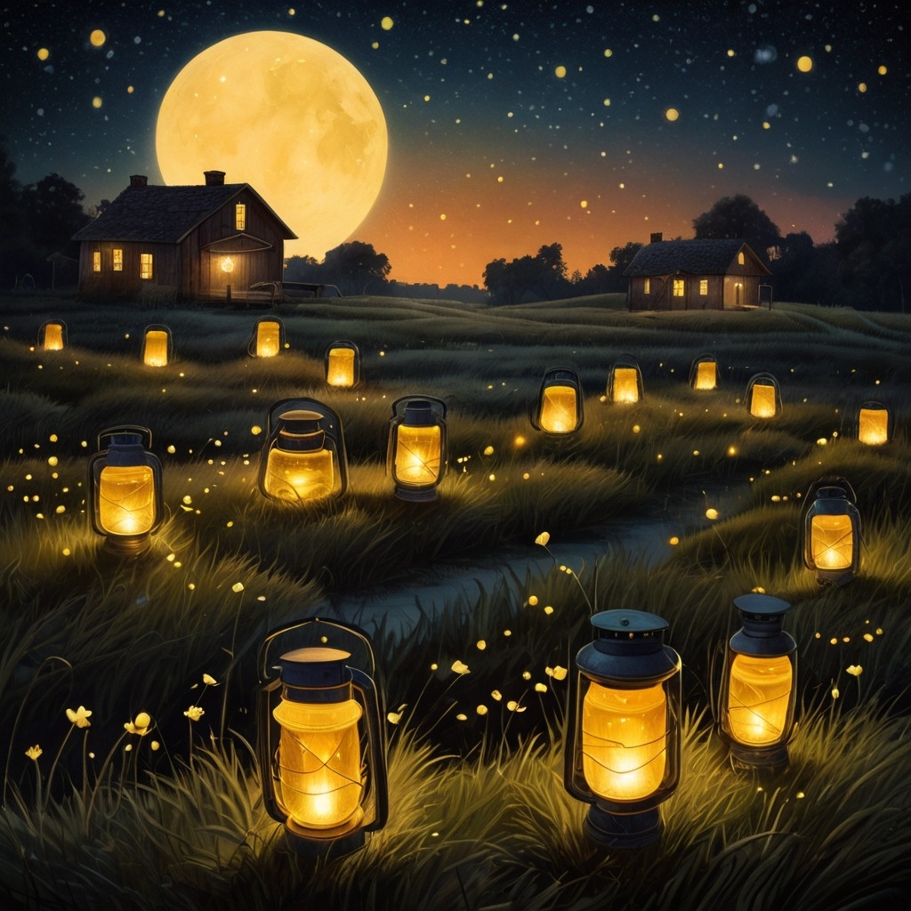 The Moon Who Wanted to Sleep | Bedtime Stories 3 Fireflies glowing in patterns across fields and lanterns lighting up houses.