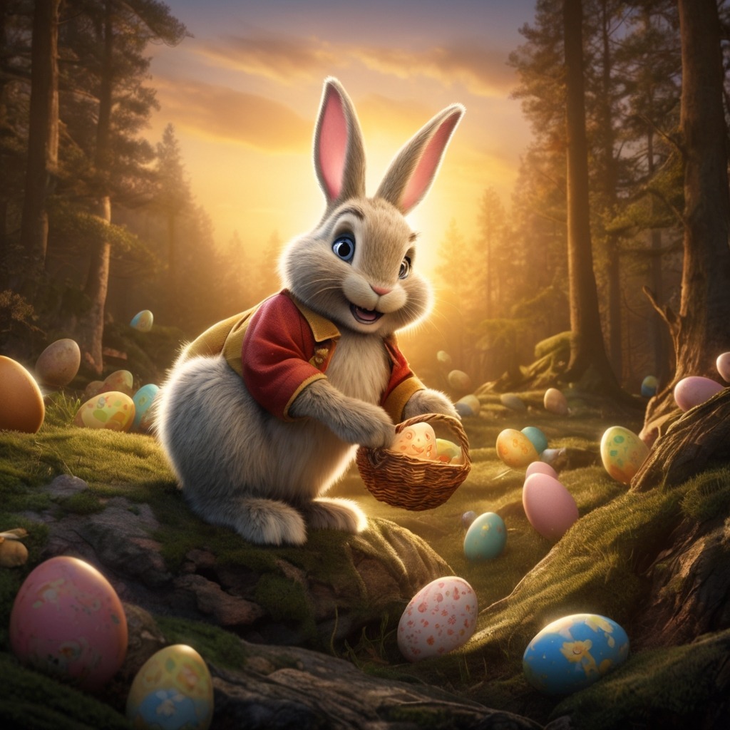 The Great Easter Bunny Rescue | Easter Stories 4 Flopsy the Easter Bunny giving the kids golden glowing eggs of bravery as the sun rises behind a magical forest.