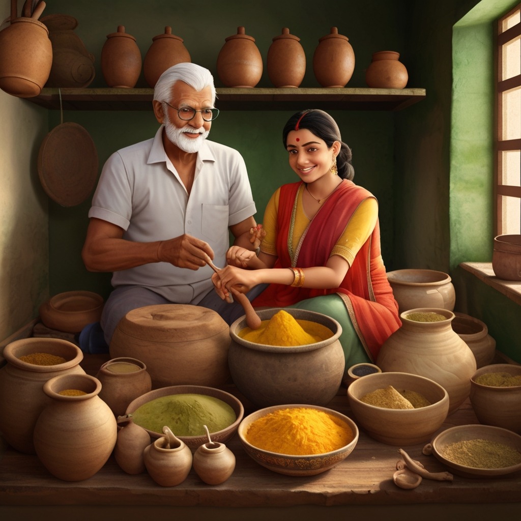 The Secret of Grandpa Hari’s Mango Tree | Village Stories 3 Grandpa and Meera together making mango dishes—like pickles and lassi—inside a traditional rural kitchen with clay pots and spice jars.