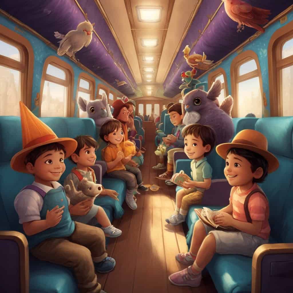 Max and the Moonlight Train | Bedtime Stories 2 Inside the magical train with cozy seats shaped like pillows, children from different cultures sitting with stuffed animals, and a conductor with a glowing feathered hat.