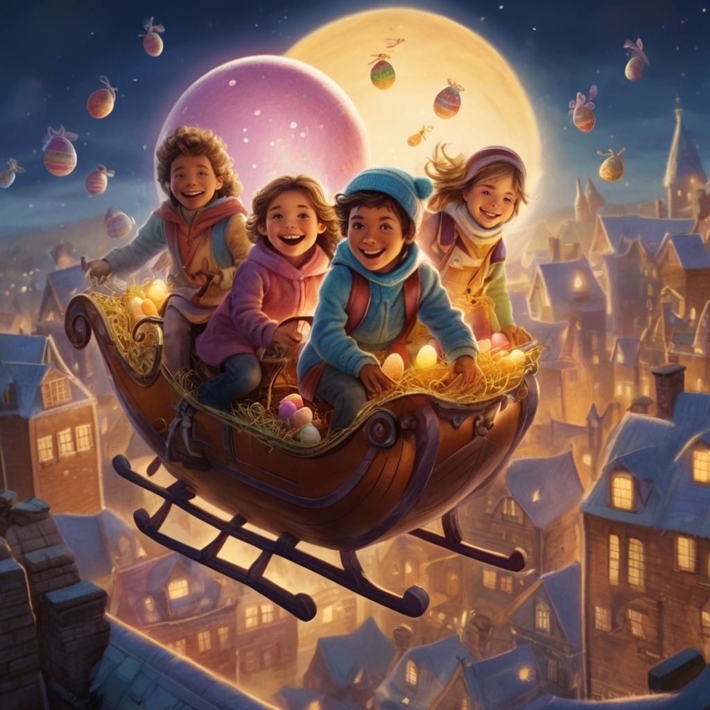 The Great Easter Bunny Rescue | Easter Stories 3 Kids flying over rooftops in a magical egg-sleigh pulled by chick-pilots, with glowing Easter eggs trailing behind them.