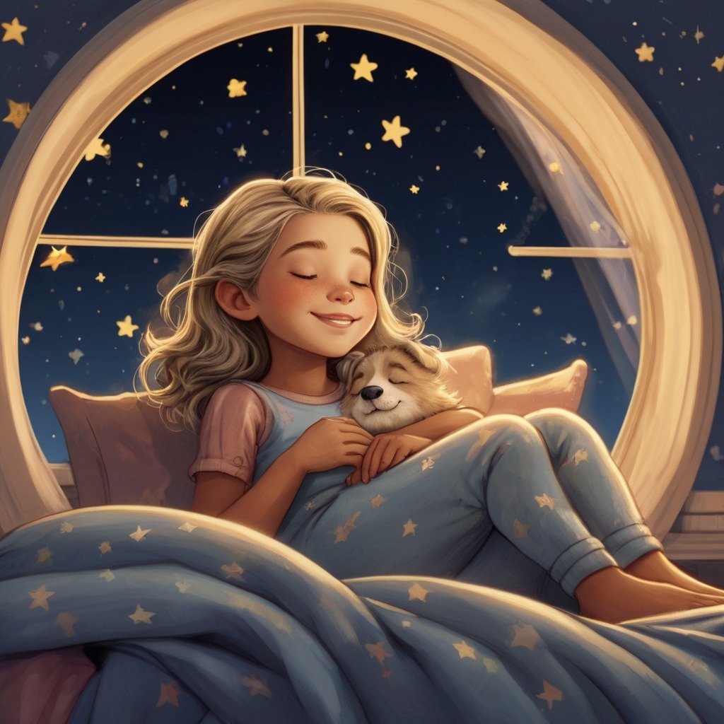 Luna and the Moonlight Bridge | Bedtime Stories 4 Luna asleep in bed, smiling gently as stars sparkle in the sky outside her bedroom window.