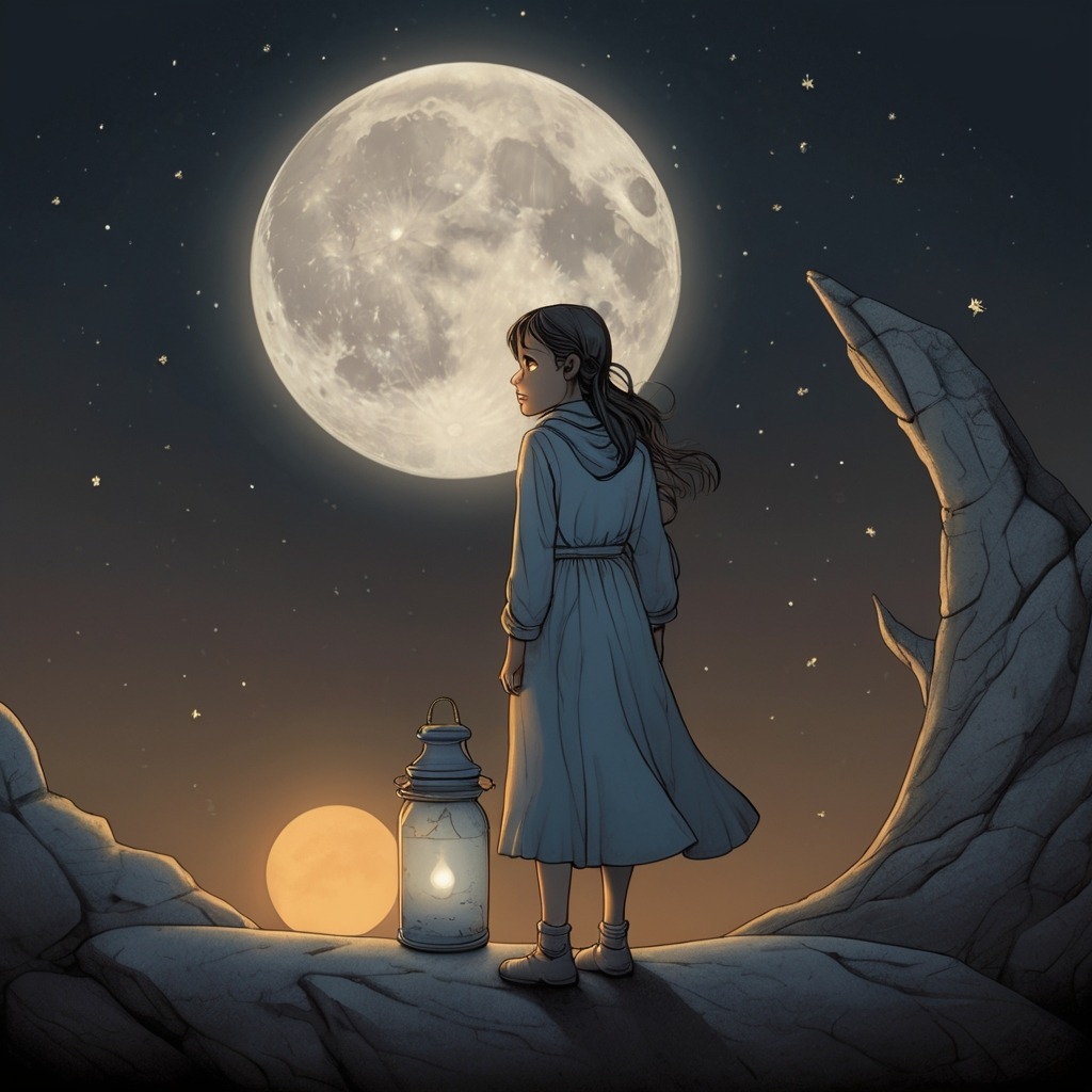 Luna and the Moonlight Bridge | Bedtime Stories 3 Luna holding a glowing jar, standing before a sad, grey Moon sitting quietly on a moon-shaped hill.