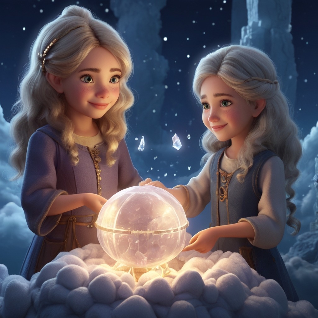 Luna and the Cloud Castle | Imagination stories 4 Luna placing glowing Sky Crystals into a pedestal inside the Cloud Castle, which lights up with sparkles and joy.