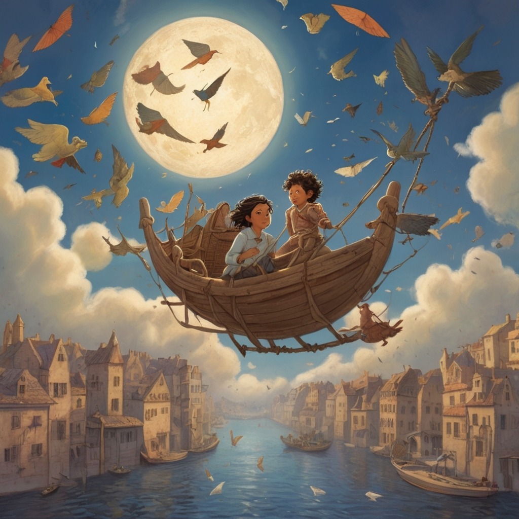 Luna and the Star Boat | Bedtime Stories 2 Luna riding in a cloud-sailed boat high above rooftops, passing flocks of birds and kites tangled in tree branches.