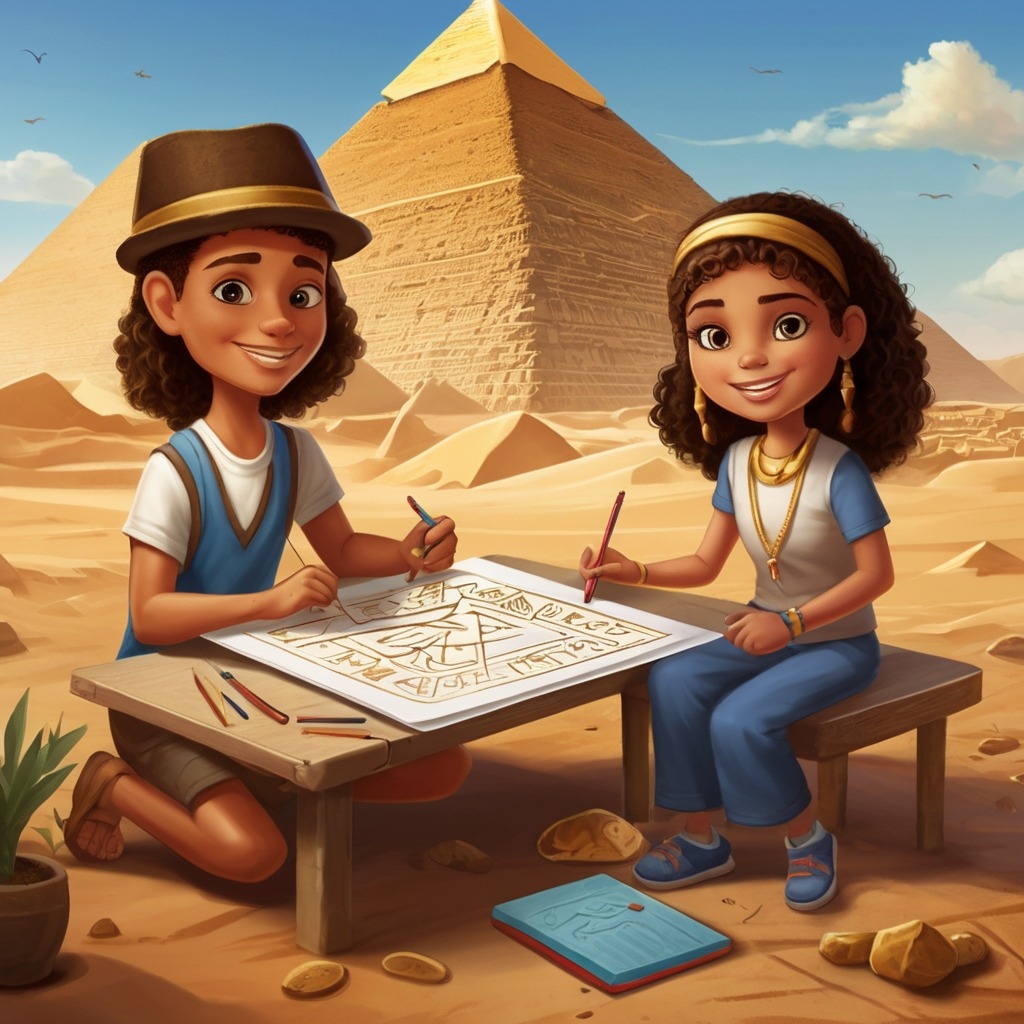 Max and Mia’s Train Ride Through Time | Travel Stories 2 Max and Mia in Ancient Egypt helping local kids draw hieroglyphs with pyramids in the background.