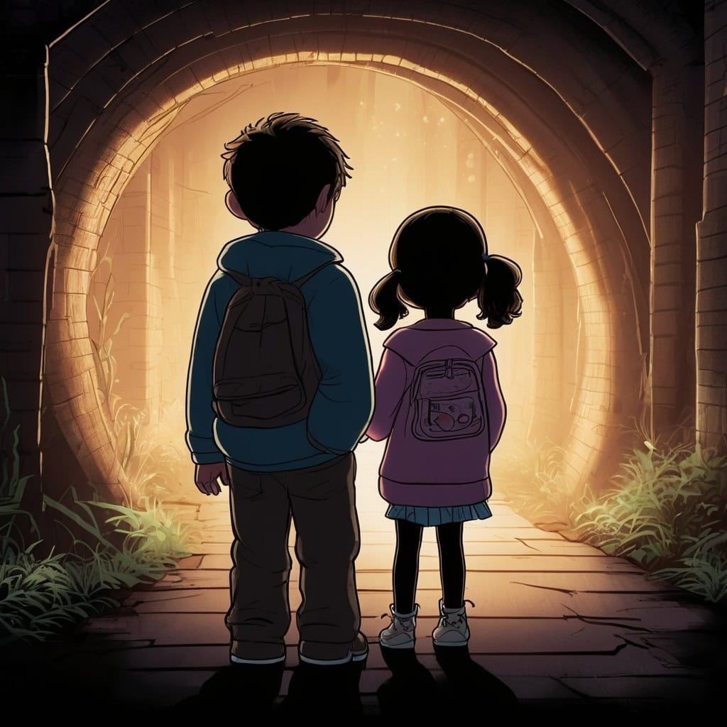 Max and the Midnight Metro Adventure | City Stories 3 Max comforting a glowing silhouette of a scared girl (Zoe) near a dark subway tunnel named Echo Tunnel, with magical lights all around.
