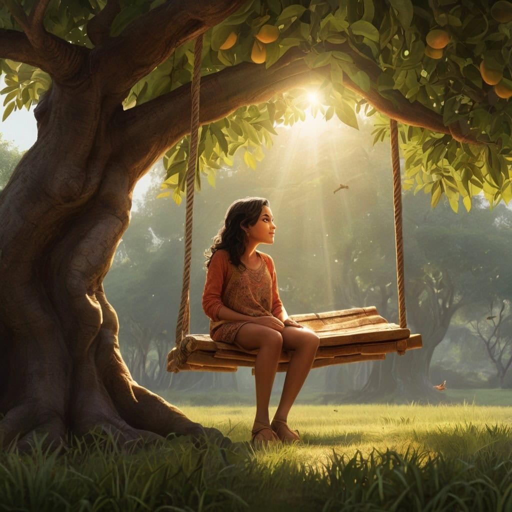 The Secret of Grandpa Hari’s Mango Tree | Village Stories 2 Meera sitting on a small wooden swing under the mango tree, whispering to it, with sunlight peeking through the leaves.