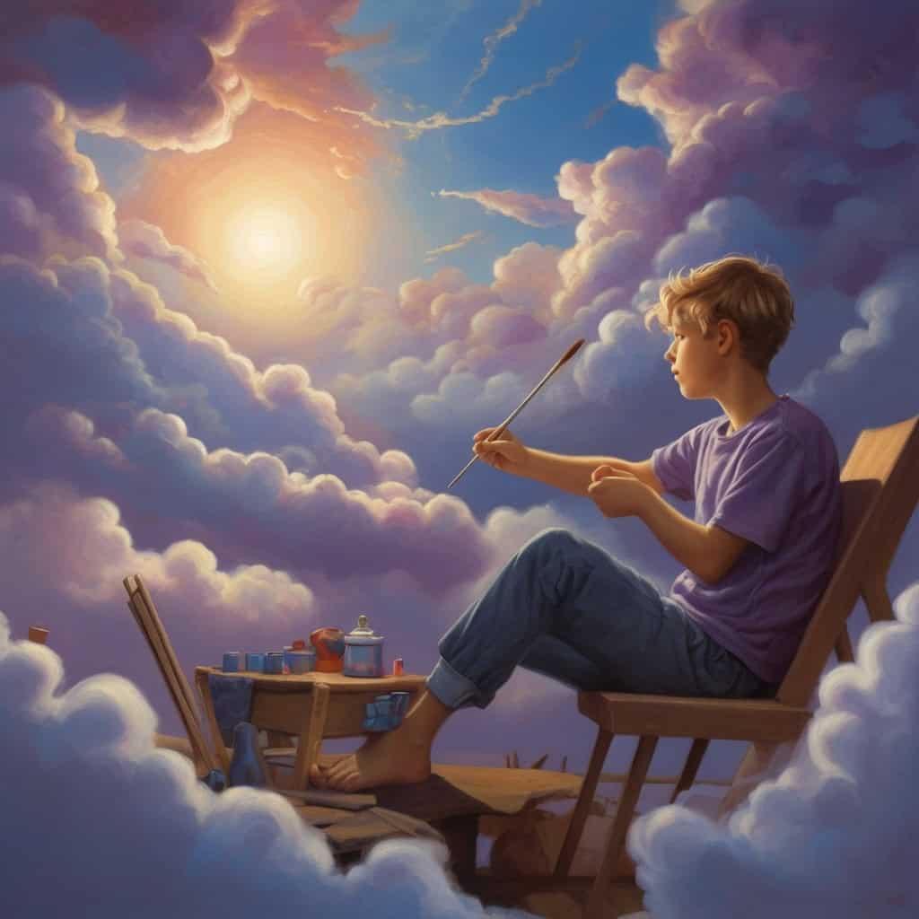 Milo and the Sky Painter | Imagination Stories 3 Milo painting the sky with fantastical colors like blurple, sunberry, and dragonberry blue as clouds shimmer.