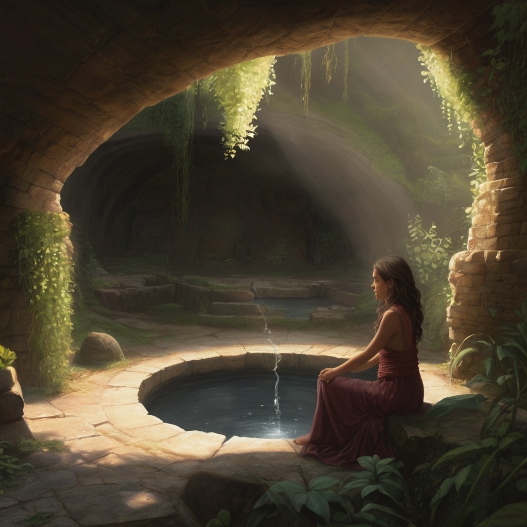 The Whispering Well of Willowbrook | Village Stories 2 Tara sitting at the edge of the well, listening and talking as magical whispers rise from it.