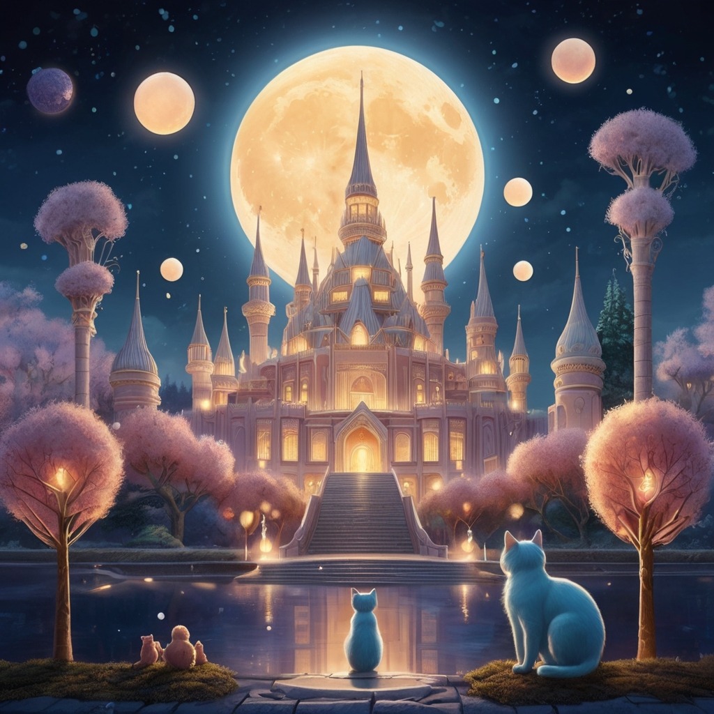 Luna and the Star Boat | Bedtime Stories 3 The Moon Palace glowing with crystal towers, with dream-bubble trees and a star-shaped cat purring in Luna’s lap.