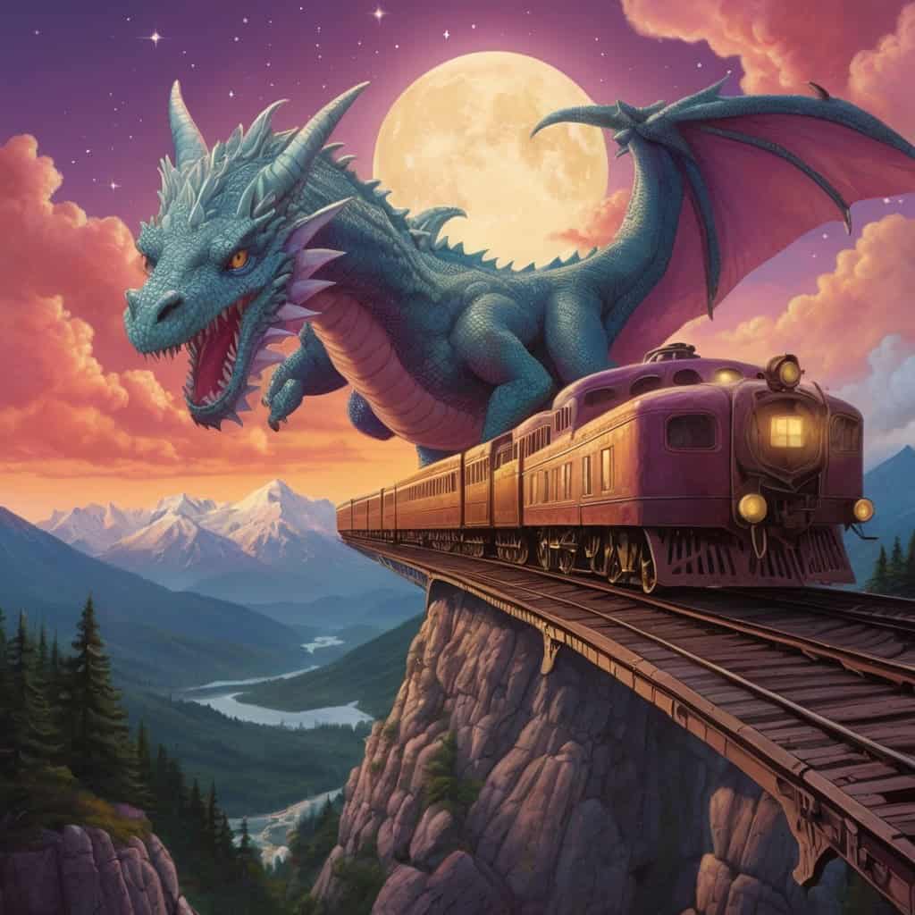 Max and the Moonlight Train | Bedtime Stories 3 The Moonlight Train soaring through a candy-colored sky, passing over mountains made of pillows, with a giant snoring dragon curled up below them.
