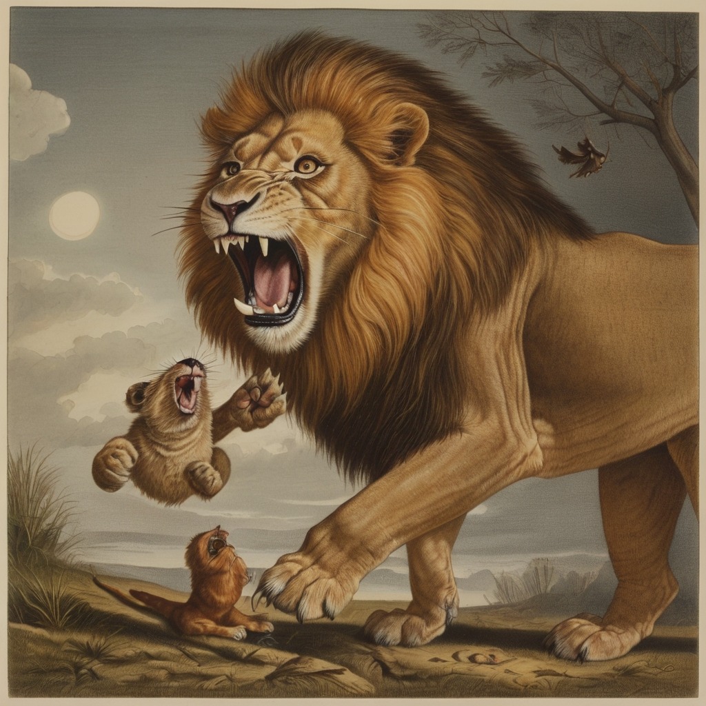 The Lion and the Clever Mouse | Moral Stories 2 The lion roaring in surprise while the frightened mouse begs for mercy.