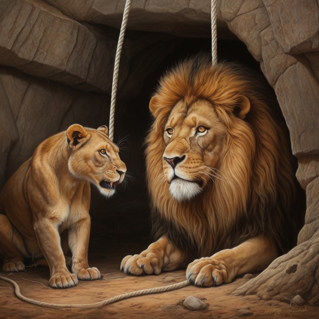 The Lion and the Clever Mouse | Moral Stories 4 The mouse chewing through the ropes with determination while the lion watches in awe.