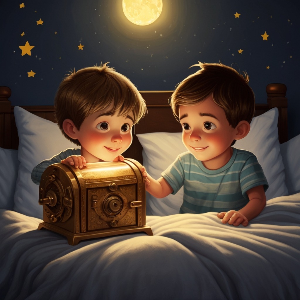 Max and Mia’s Train Ride Through Time | Travel Stories 4 The siblings waking up in bed with a tiny golden gear ticking on their nightstand under moonlight.