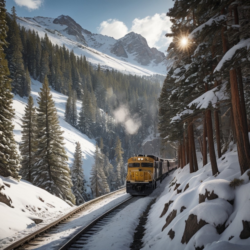 Tina’s Train Ride Across America | Travel Stories 1 The train moving through a snowy Rocky Mountain pass with pine trees and wildlife outside.