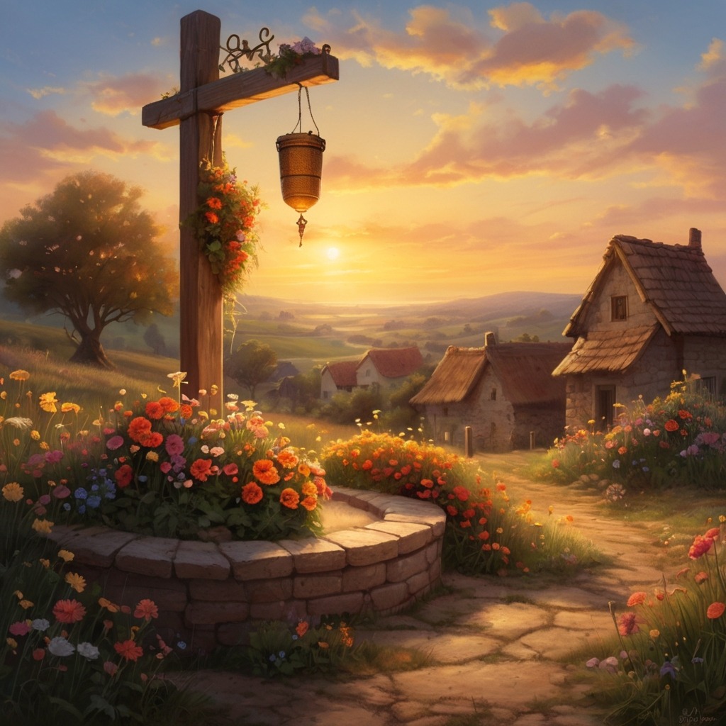 The Whispering Well of Willowbrook | Village Stories 4 The well decorated with colorful flowers and a poem pinned nearby, glowing warmly in the village sunset.